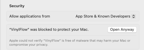 Privacy and Security — Open Anyway button