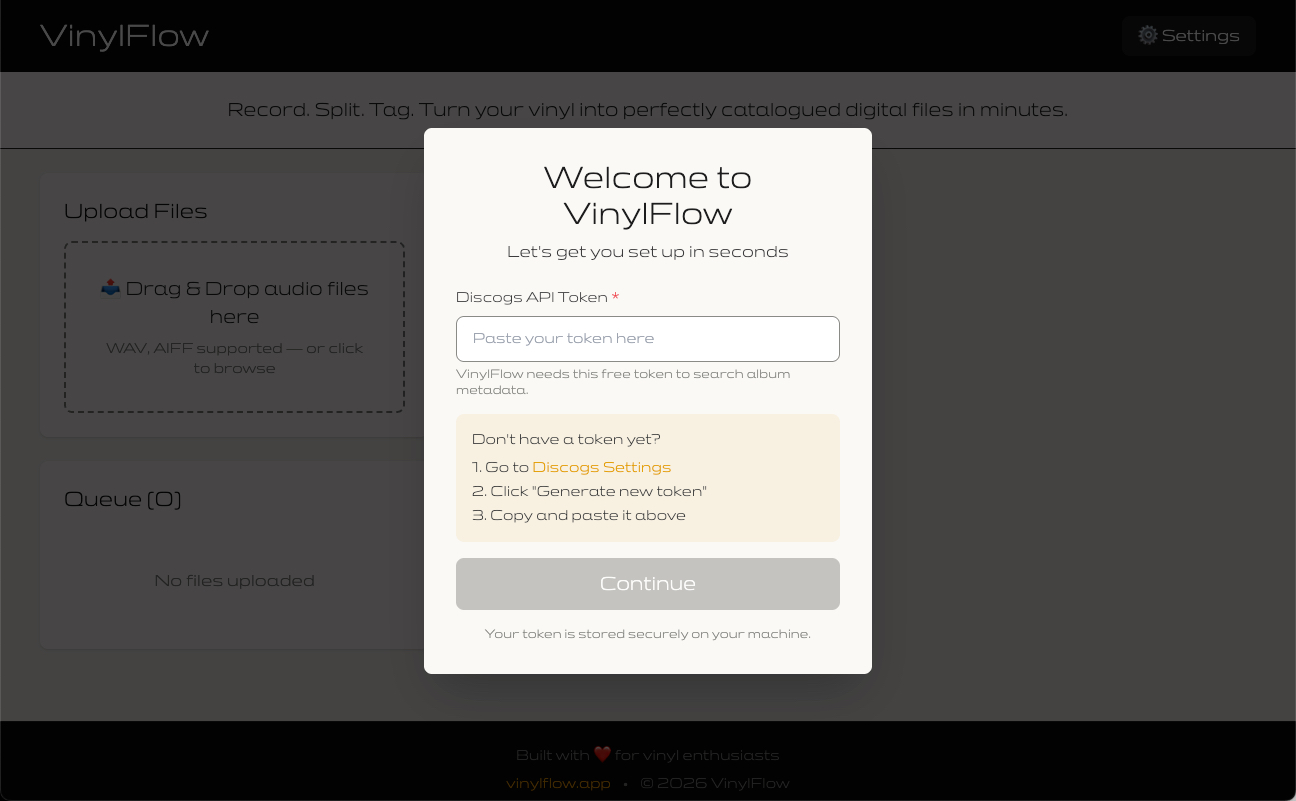 VinylFlow First-Run Setup Screen